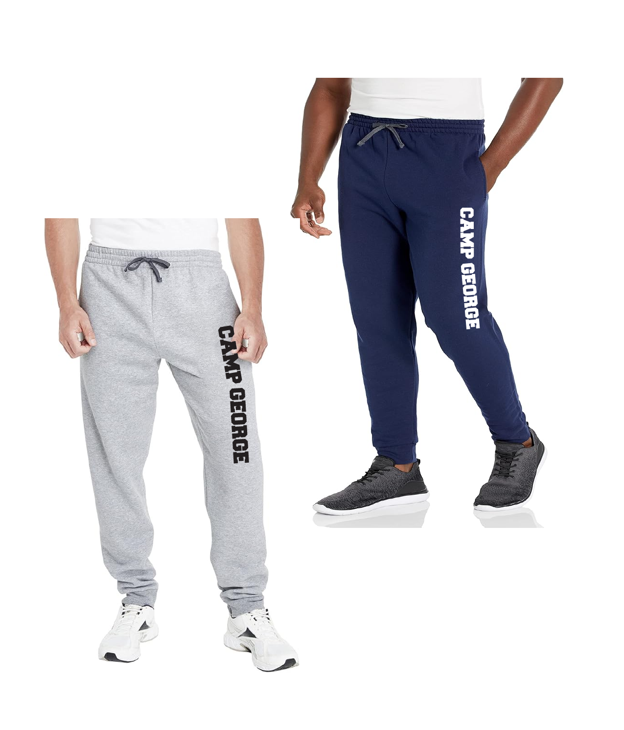 grey and navy joggers with camp george down the side