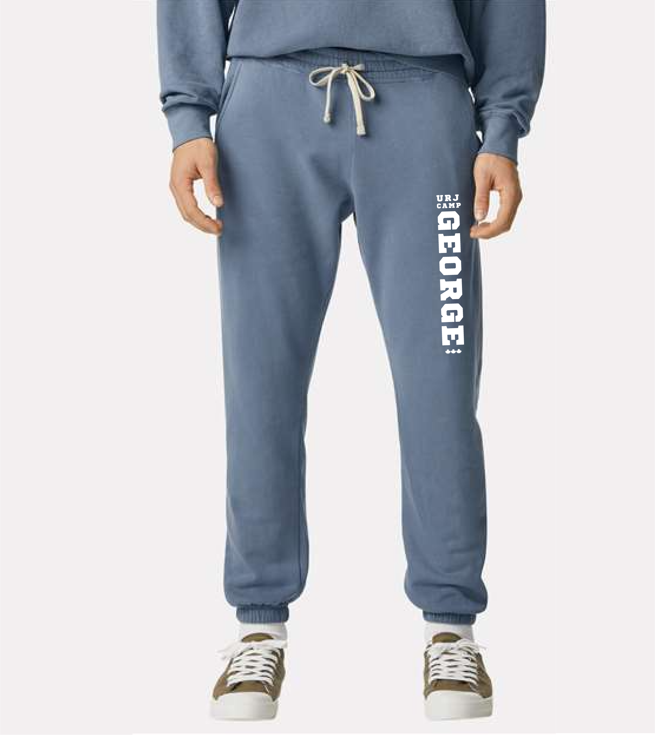 grey and navy joggers with camp george down the side