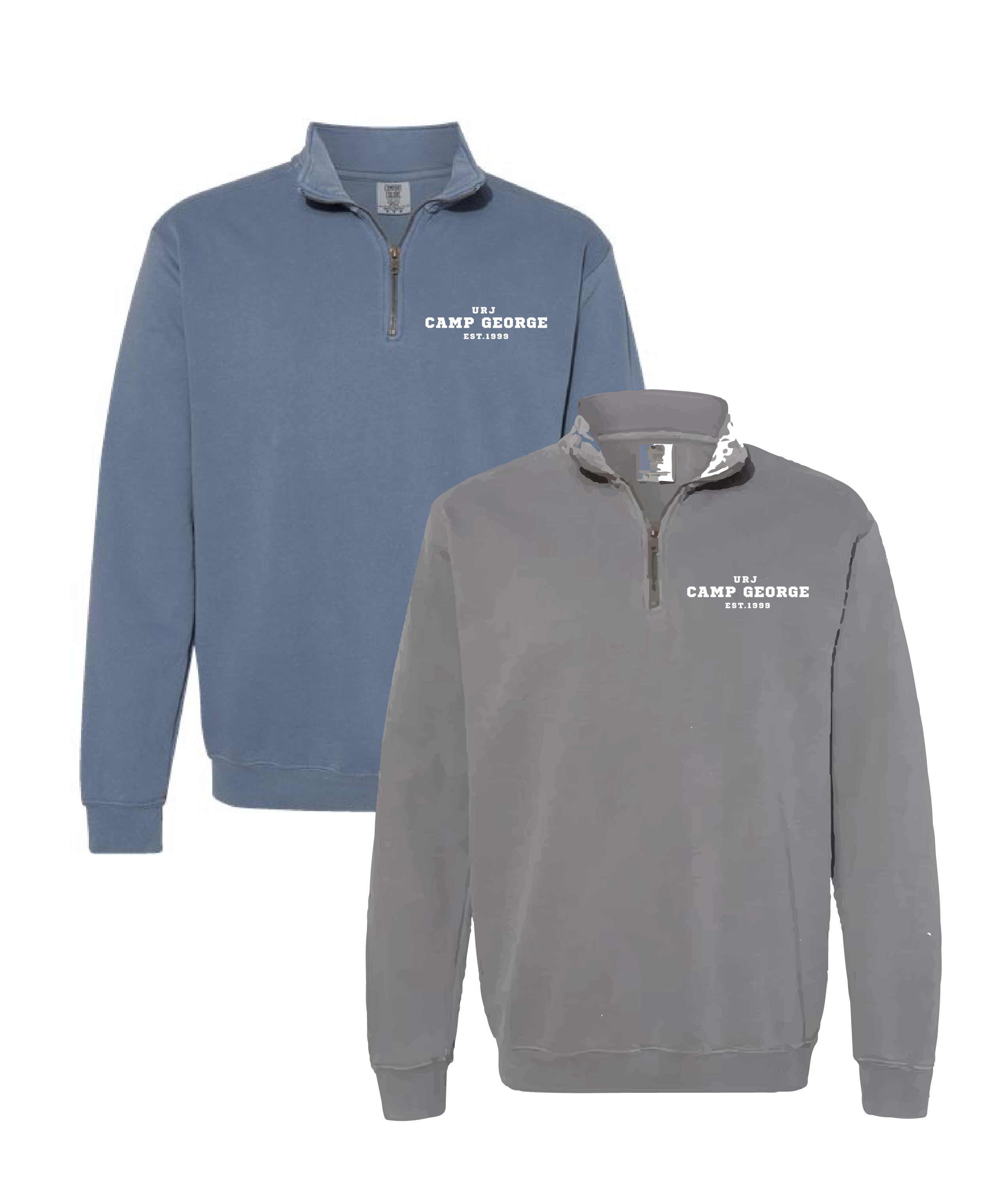 grey crewneck with tent and trees that says URJ Camp George